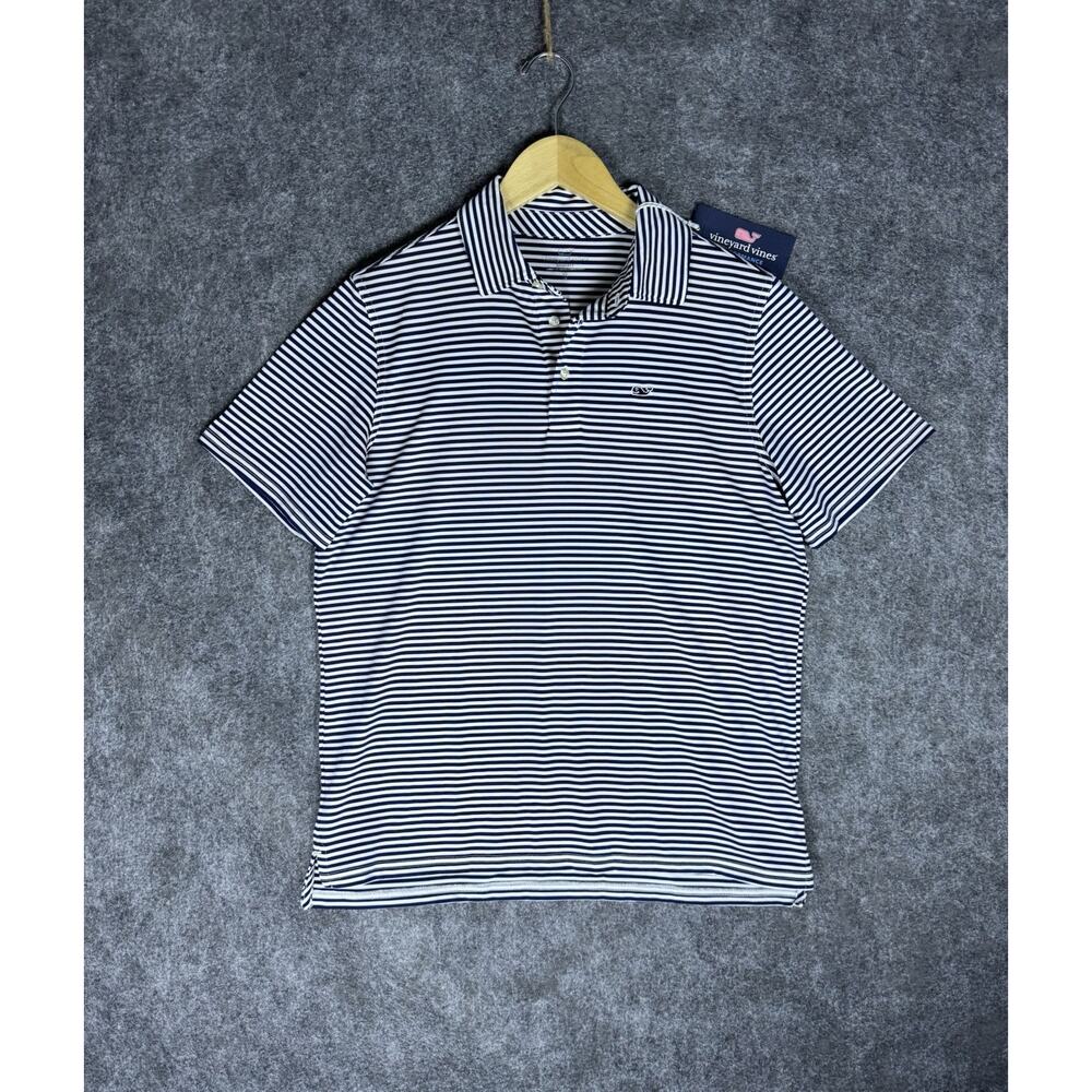Vineyard Vines On-The-Go Sankaty Polo Kids XL(18) Blue Striped Performance Shirt